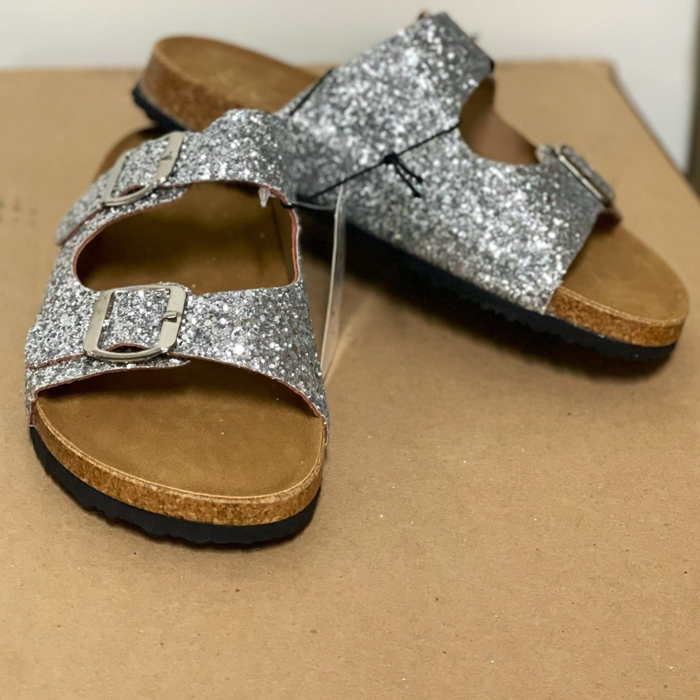 STROLL SEQUIN DOUBLE BUCKLE FLATS SLIDE SANDALS SILVER NWT! - Picture 10 of 11